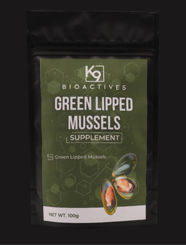 A package of K9 Bioactives Green Lipped Mussels supplement for pets, with the product visible through a clear window on the packaging.