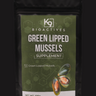 A package of K9 Bioactives Green Lipped Mussels supplement for pets, with the product visible through a clear window on the packaging.